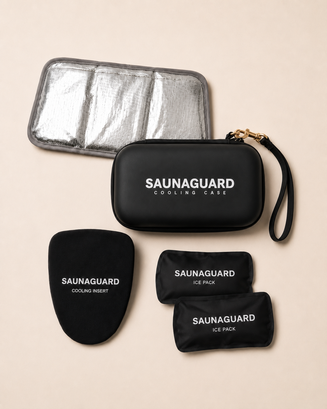 SaunaGuard insulated travel case shown with its insulated compartment, two cooling packs, and a reusable cooling insert.