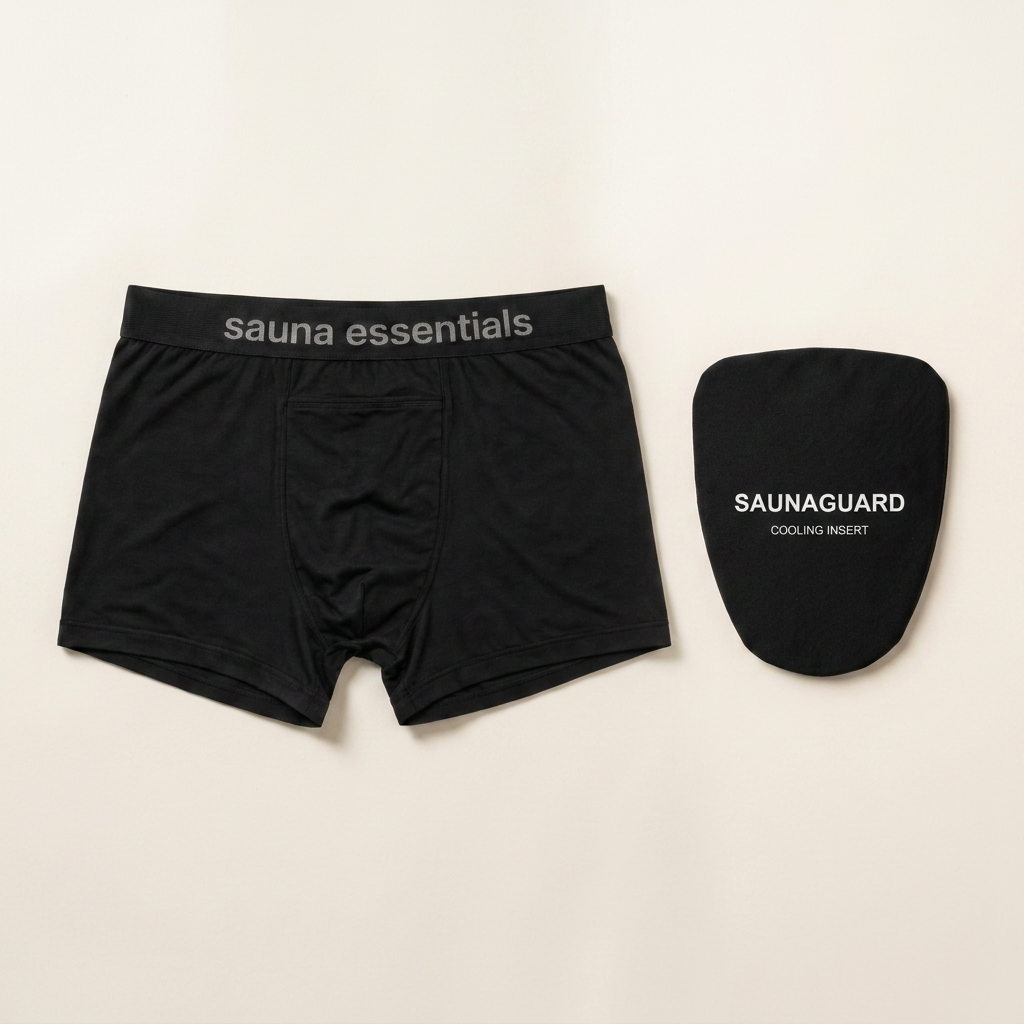 SaunaGuard Core Kit — 1 × Cotton cooling brief, 1 × Reusable cotton-covered cooling insert.