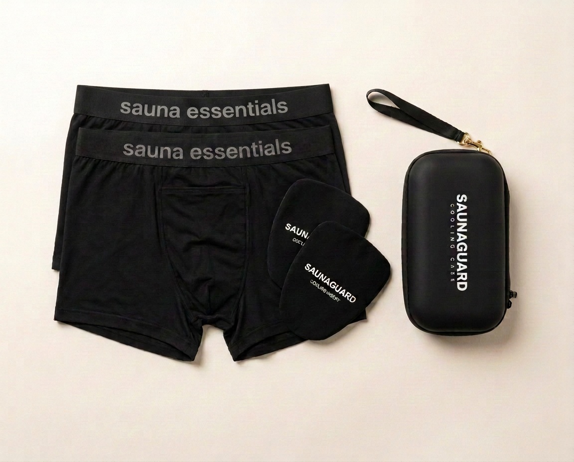 SaunaGuard Double Travel Kit — 2 × Cotton cooling briefs, 2 × Reusable cotton-covered cooling inserts, 1 × Insulated travel cooling case.