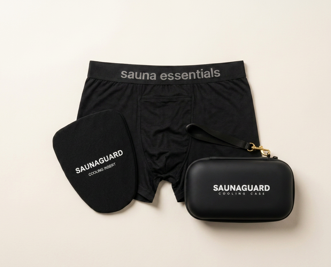 SaunaGuard Essential Travel Kit — 1 × Cotton cooling brief, 1 × Reusable cotton-covered cooling insert, 1 × Insulated travel cooling case.